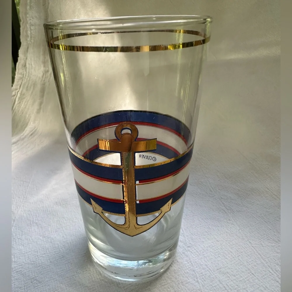 Nostalgic Nautical Anchor & Stripes Vintage Culver Gold Accent Highball Tumbler